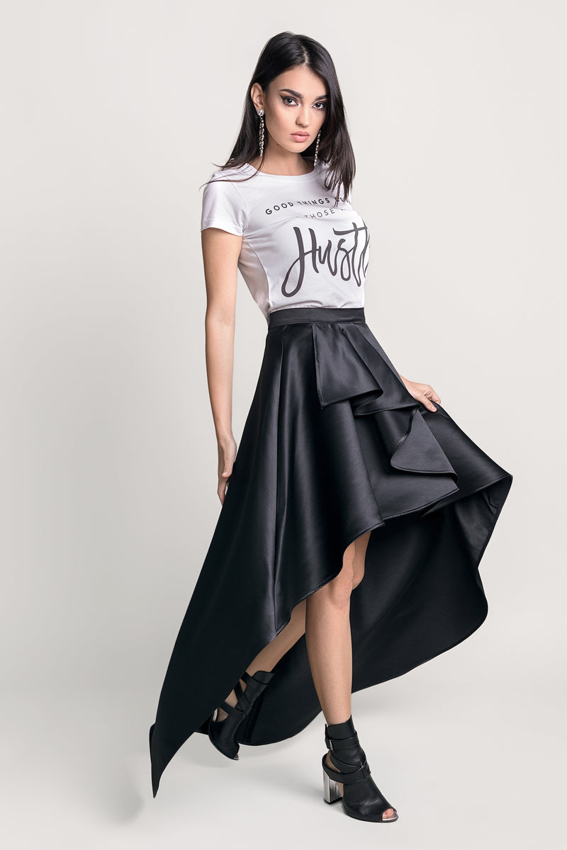 Black high low skirt outfit best sale