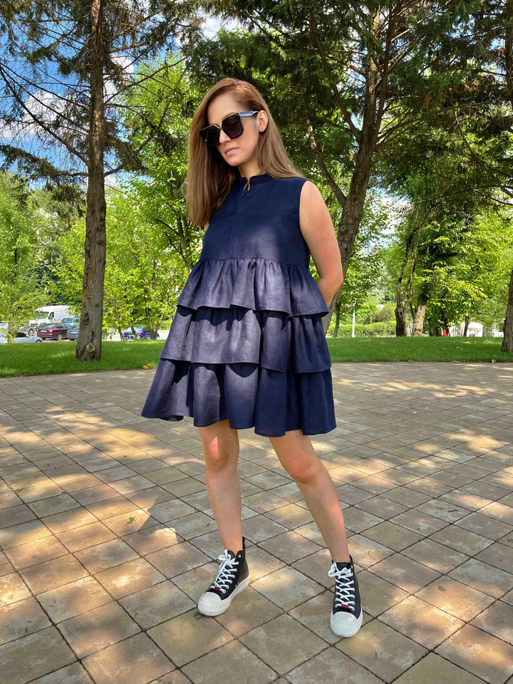 woman wearing a blue diy tiered dress