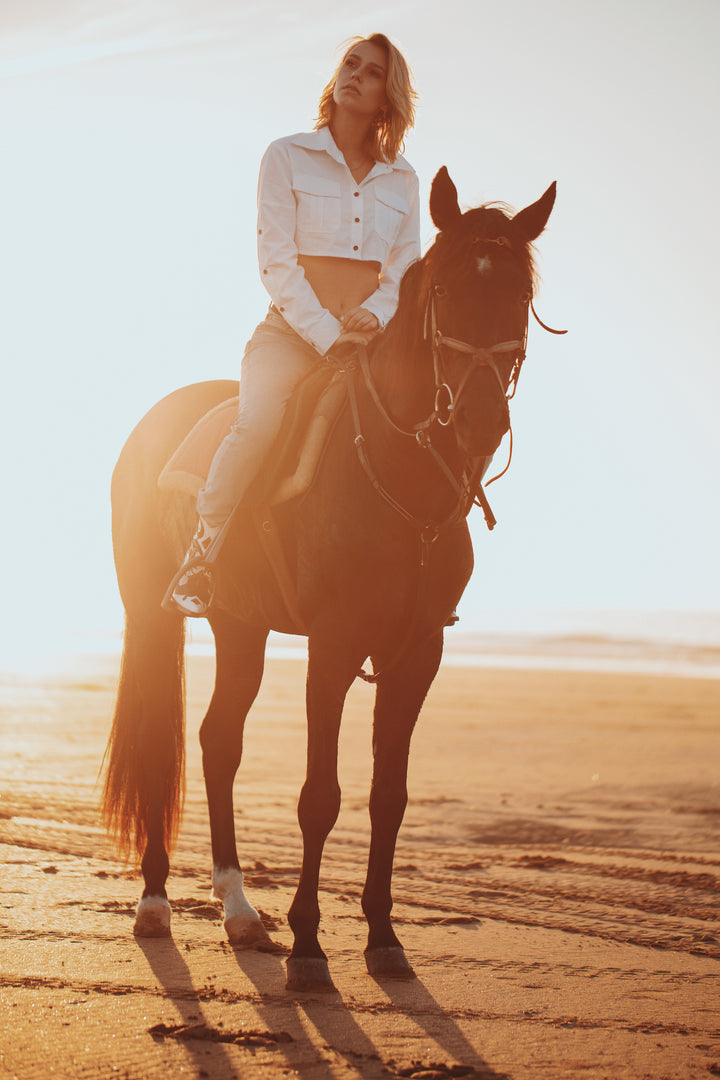 woman riding a horse wearing a white crop top and jeans