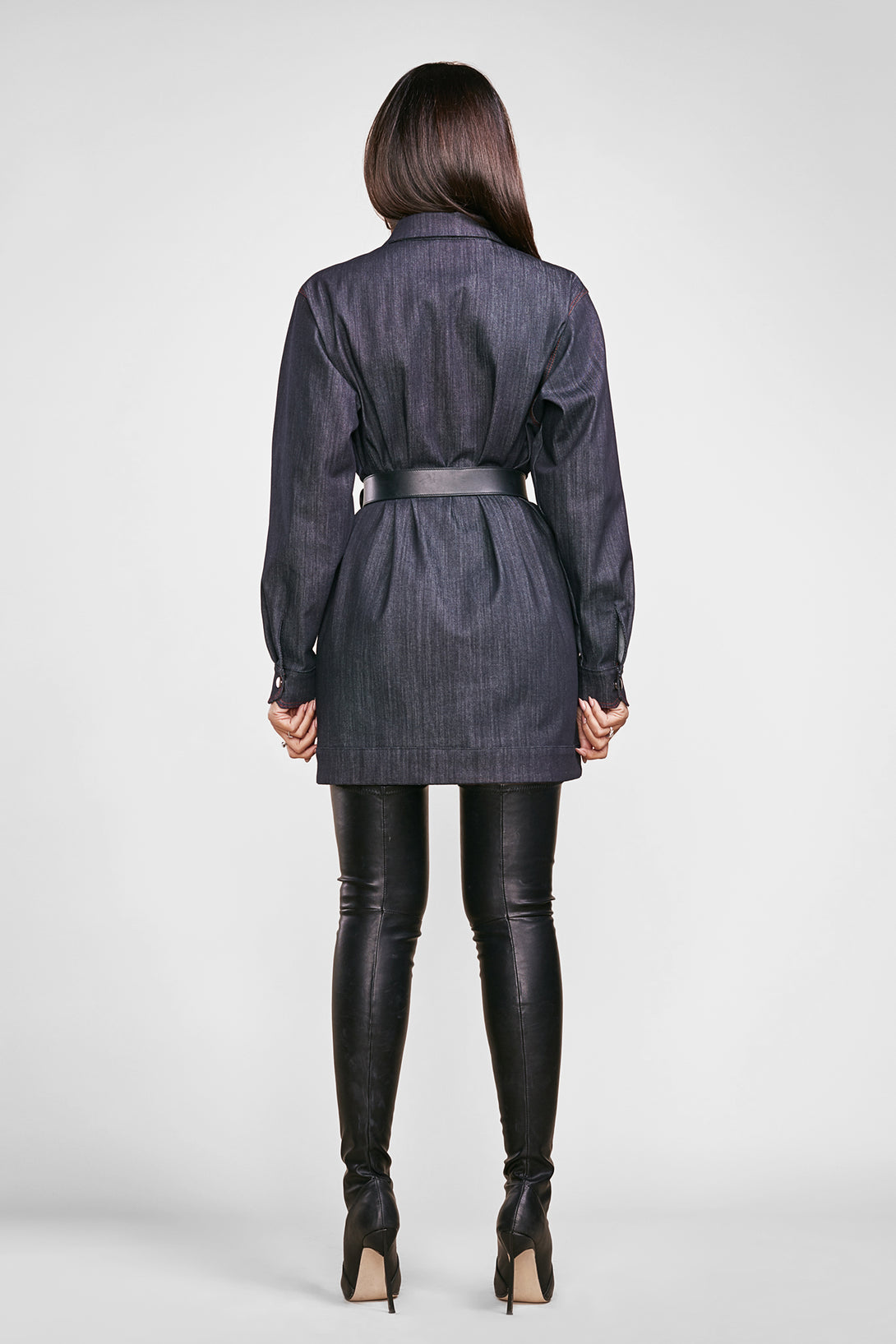 back view of a woman posing in a diy blazer dress pattern